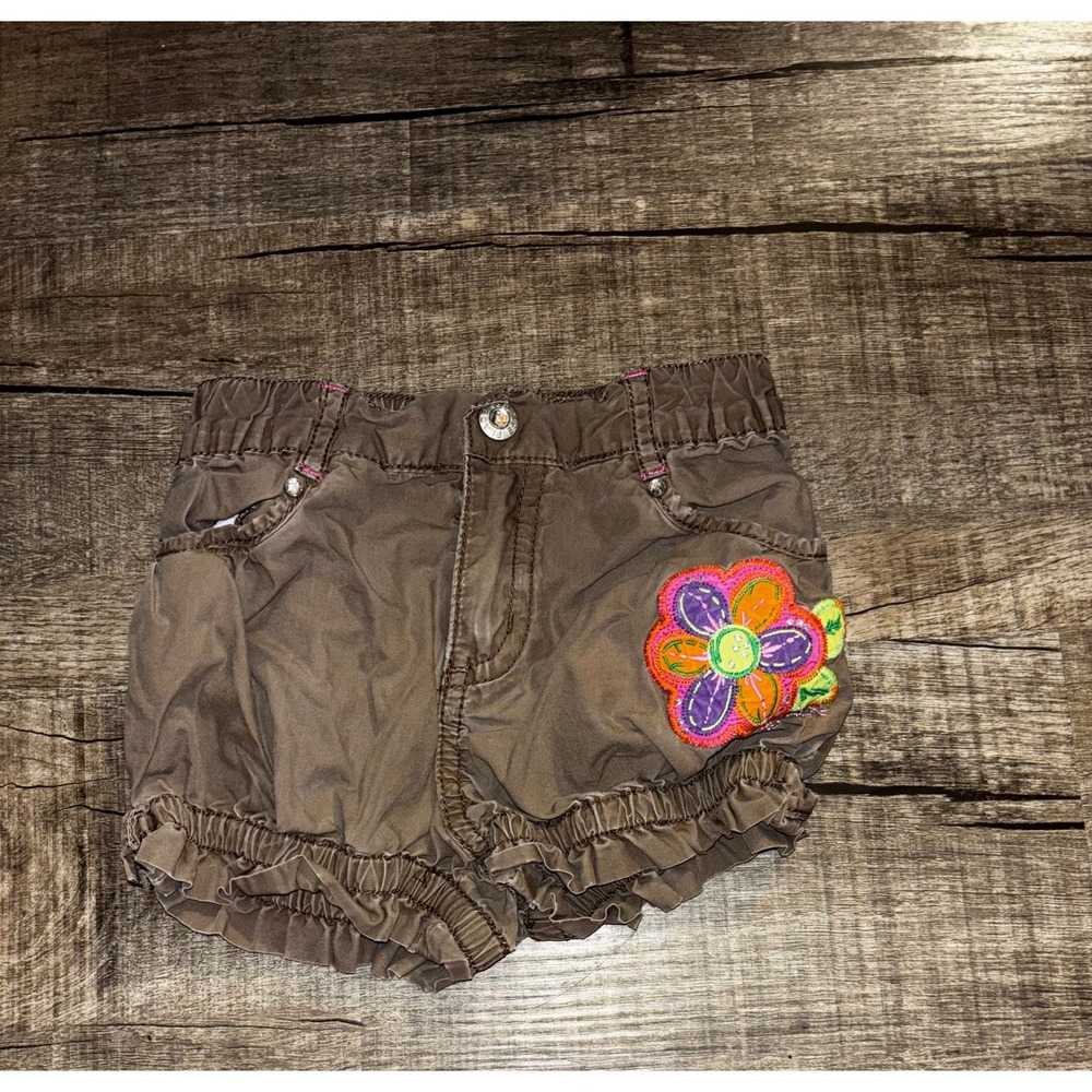 The Childrens Place‎ Girls Brown Bubble Shorts Floral Applique Ruffle Hem 3T